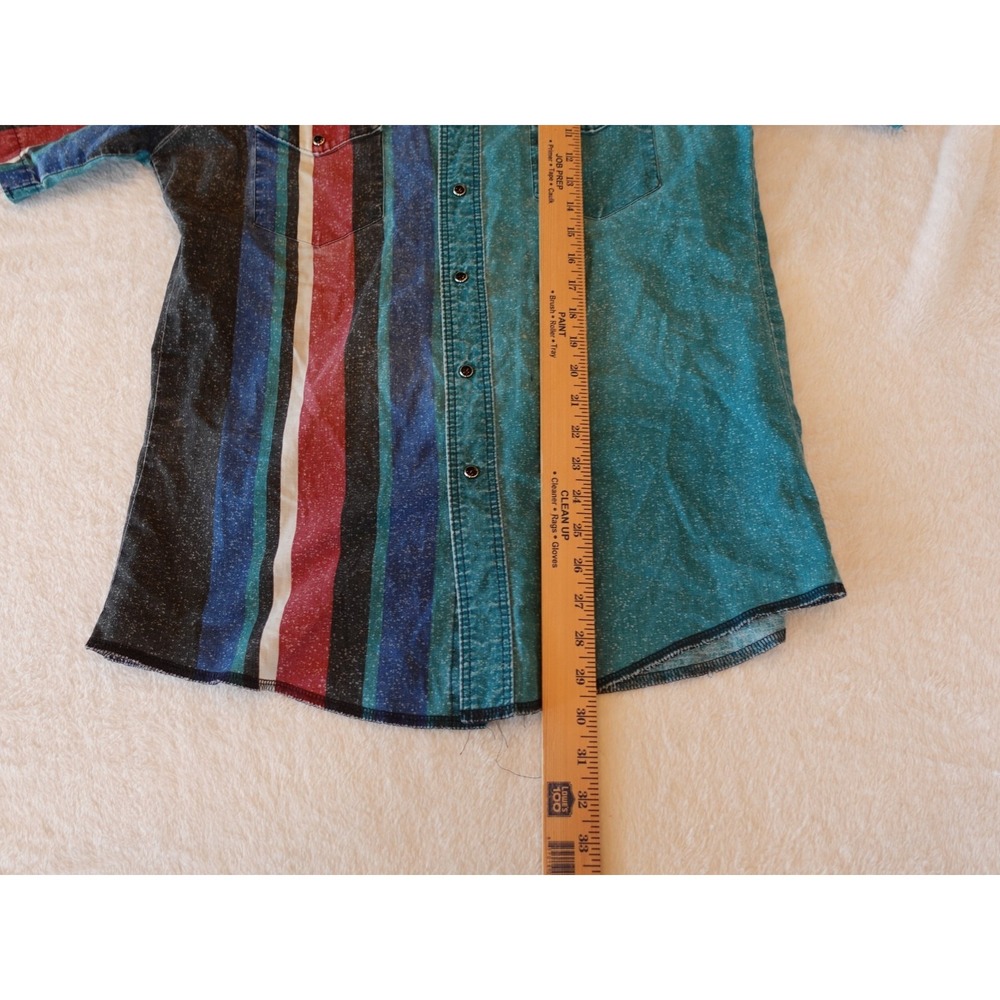90s VINTAGE American Hero Short Sleeve Pearl Snap Shirt Medium Green Red Striped - Picture 9 of 10